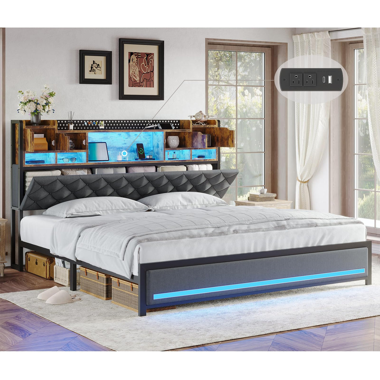 BYSAUD King Size Bed Frame with Headboard, Upholstered King Bed Frame with 3-Tier Storage Shelves & Hidden Space, King Platform Bed Frame with Charging Station & LED Lights, Heavy Metal Slat Support BYSAUD