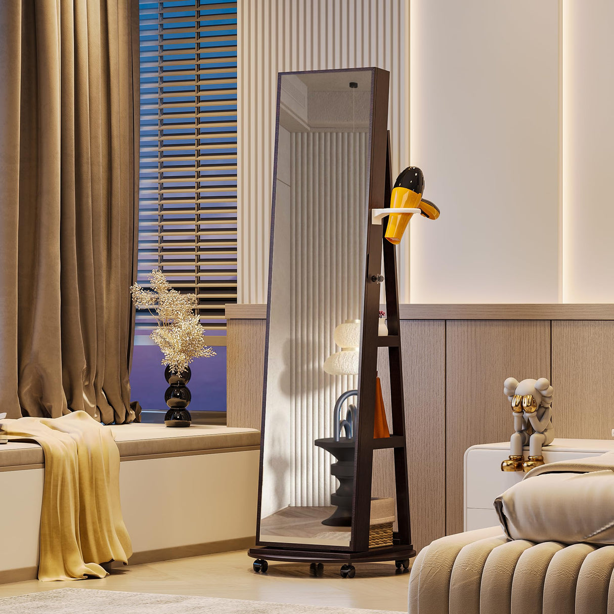 HNEBC 360° Swivel Jewelry Armoire with Mirror, LED Mirror Jewelry Cabinet Standing, Full Length Mirror with Jewelry Storage, Standing Jewelry Organizer/Lockable Wheels/Foldable Makeup Shelf (Brown) HNEBC