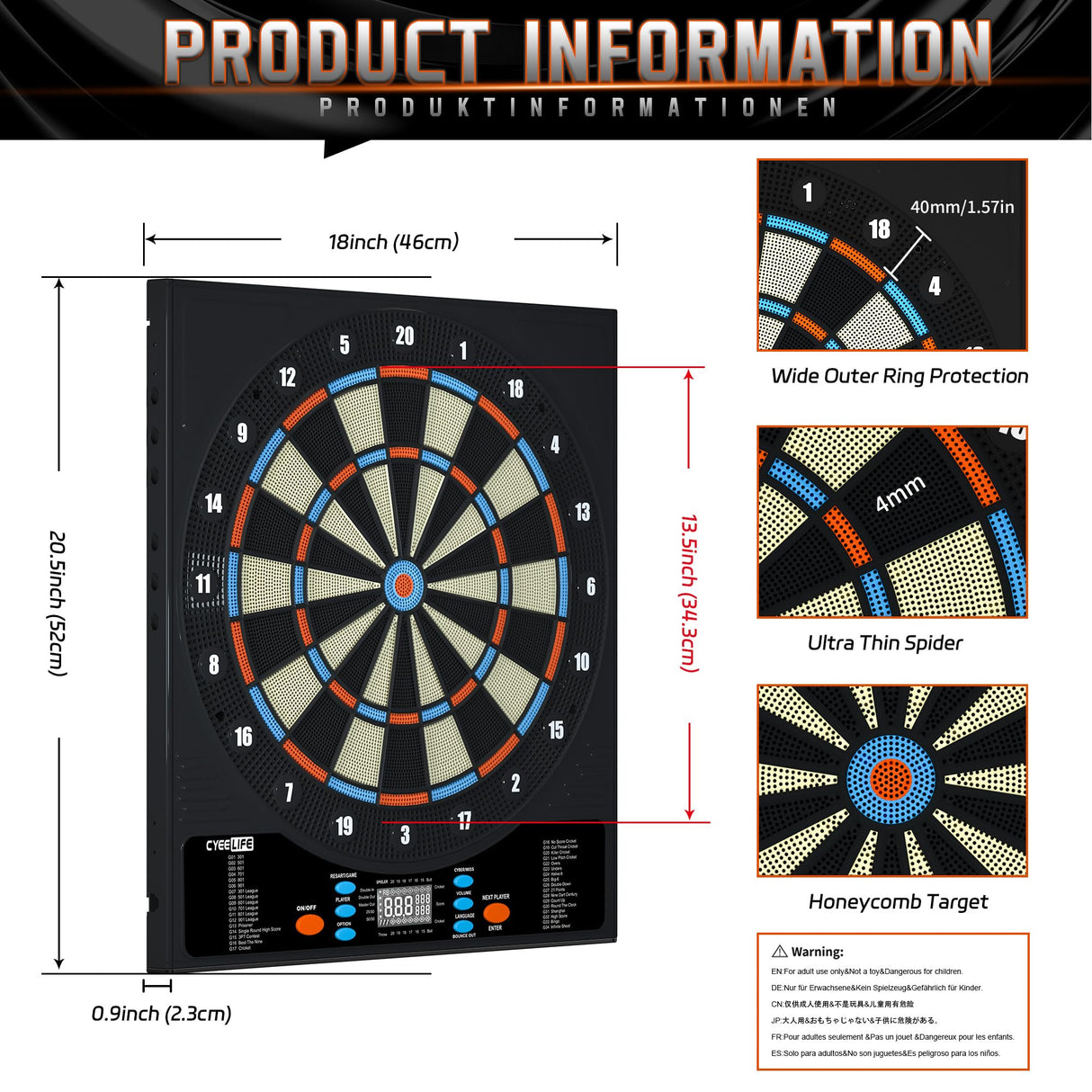 CyeeLife Electronic Dartboard&12 Soft Darts,8 Players&34 Games&255 Variations,Battery/Adapter/3 Languages Switching for Professional Dart Games CyeeLife