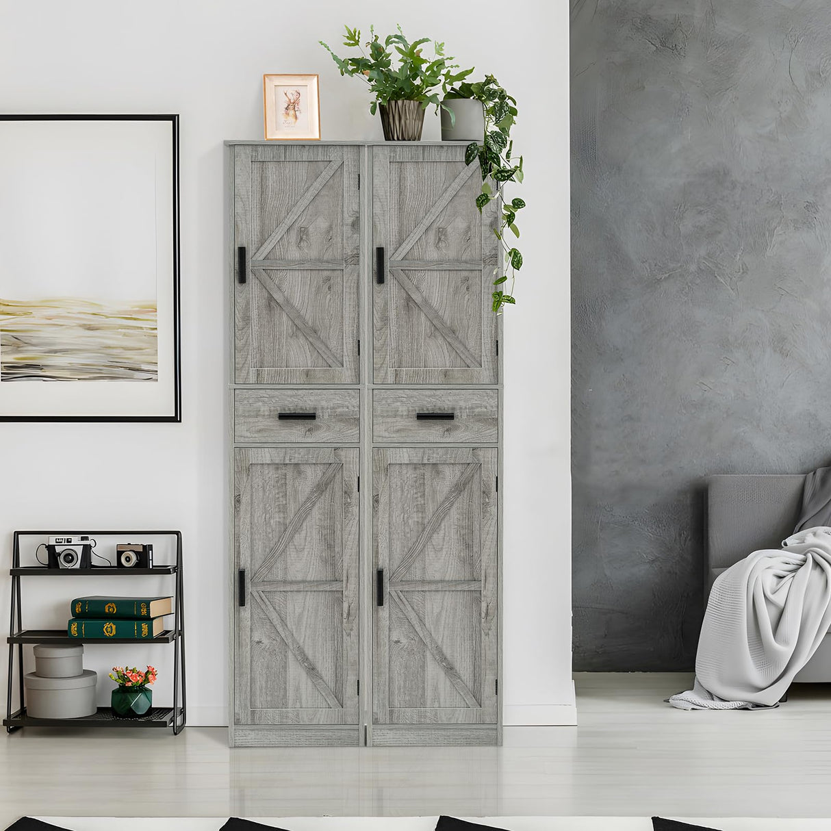 Tall Grey Bathroom Cabinet with 6 Shelves, 2 Doors & Drawer for Narrow Spaces WEENFON