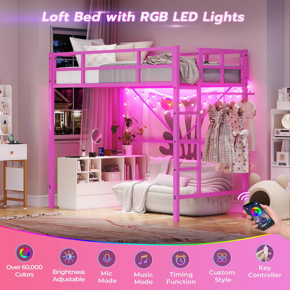 DICTAC Loft Bed Twin Size with Led Lights Metal Twin Loft Bed Frame with Full-Length Guardrail and Stair for Junior, Heavy Duty Metal Slats Support,Noise-Free, Space-Saving, No Box Spring Needed, Pink DICTAC