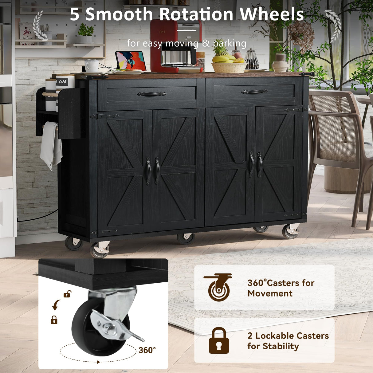 Amposei Farmhouse Rolling Kitchen Island with Power Outlet, Drop Leaf Breakfast Bar, Wooden Mobile Storage Island Cart on Wheels with Drawers, Spice Rack for Kitchen Dining Room (Black) Amposei