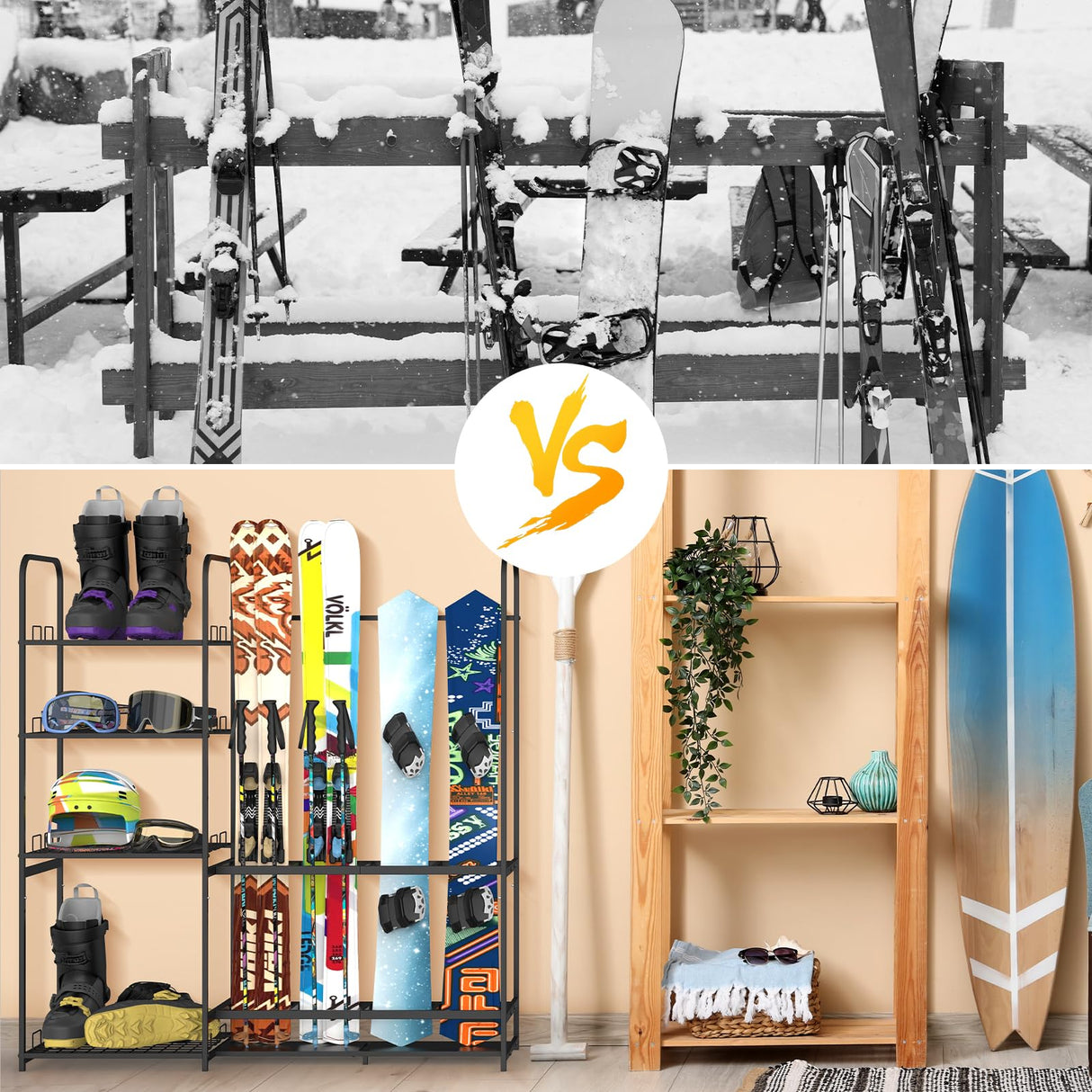 Freestanding Ski Rack for Garage - Stores 4 Pairs of Skis, Adjustable Ski Boot Holder, Organizes Skis, Boots, Poles, Goggles, Helmets & Gear, Ideal for Garage, Shed, Basement, Ski Enthusiasts KANEODOT