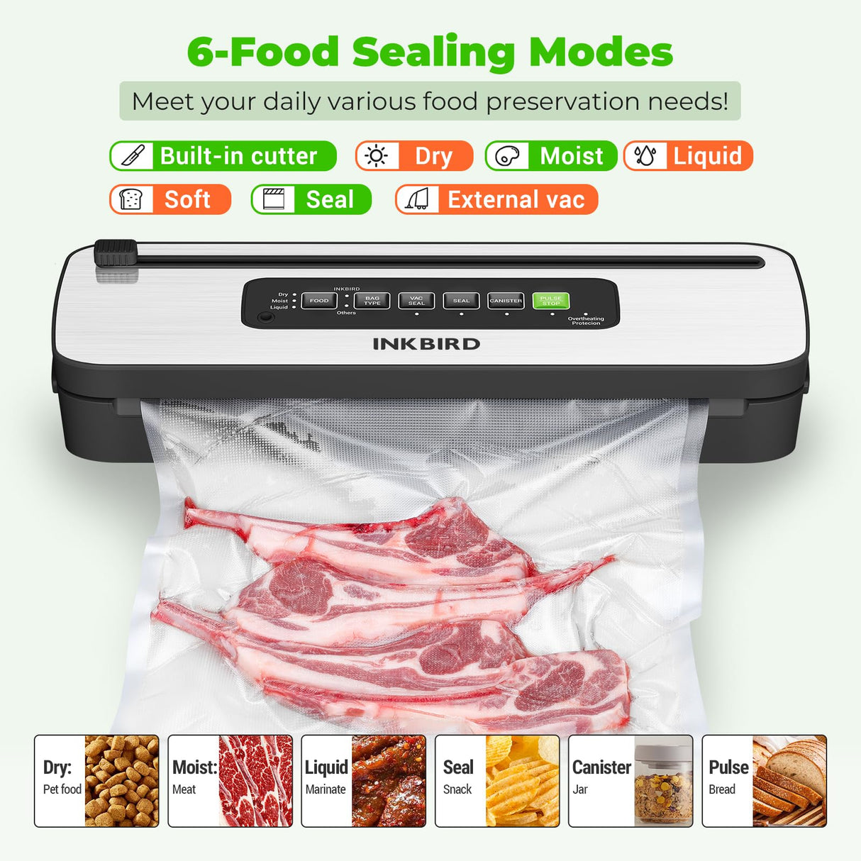 Vacuum Sealer Machine, INKBIRD Powerful 130W High Power with Liquid/Moist/Dry 6-Food Modes, Compact Food Preservation System with Cutter, Full Start Kit with Pre-cut Bags*10 (8''*11.8''), EXT-VAC Inkbird