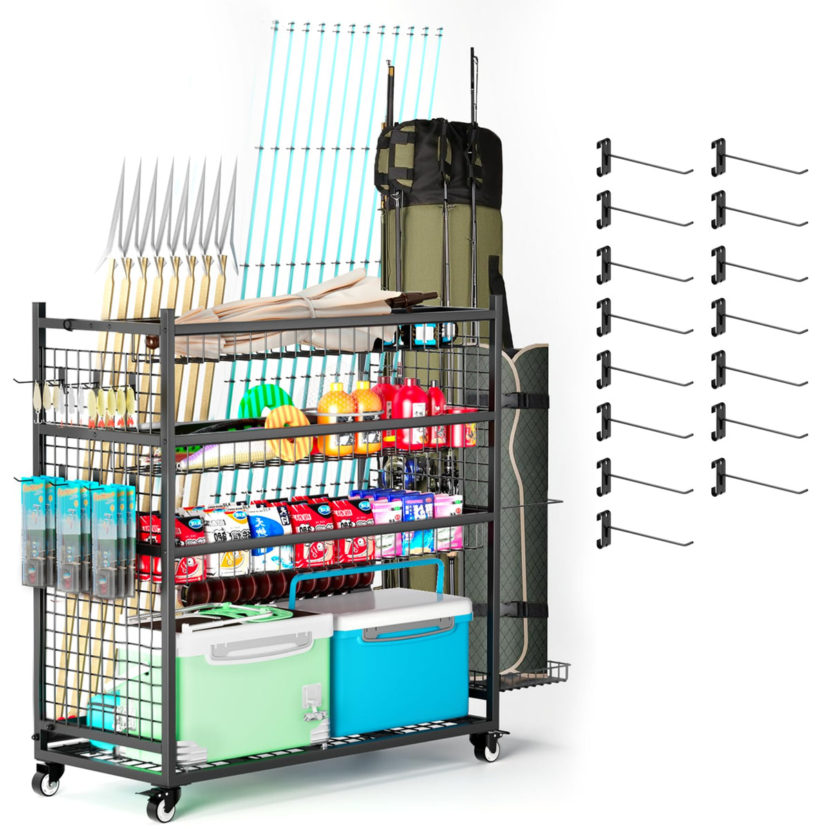 ztysn Fishing Rod Storage With 15 Hooks For Garage, 45.2in Extra Large Fishing Pole Holder Gear Organizer Rack Up To 20 Rods, Tackle Box Reel Storage Cart ztysn
