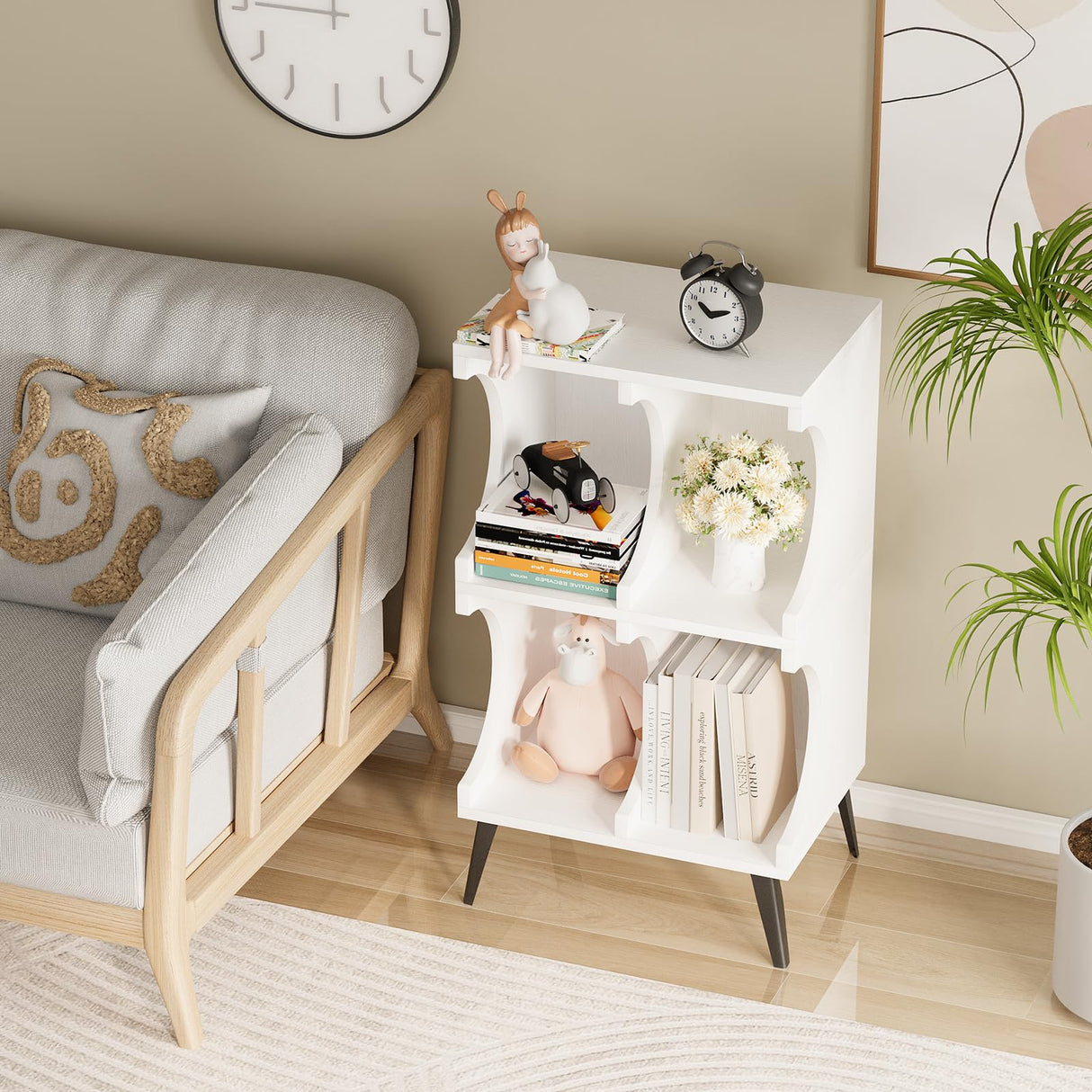 Aenuert White 4-Cube Open Bookshelf - Modern Wooden Storage Cabinet for Living Room, Bedroom, and Office Aenuert