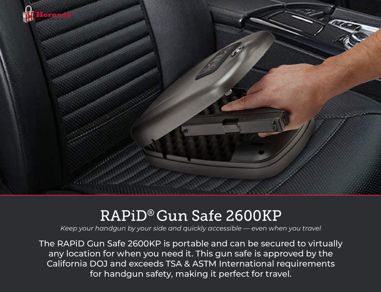 Hornady Rapid Safe 2600 KP – Portable Gun Safe for Firearms – RFiD Safe for Fast, Multiple Method Entry – Includes Rapid Safe, RFiD Wristband, Key Fob, 2 Decals, 2 Barrel Keys and Security Cable Hornady