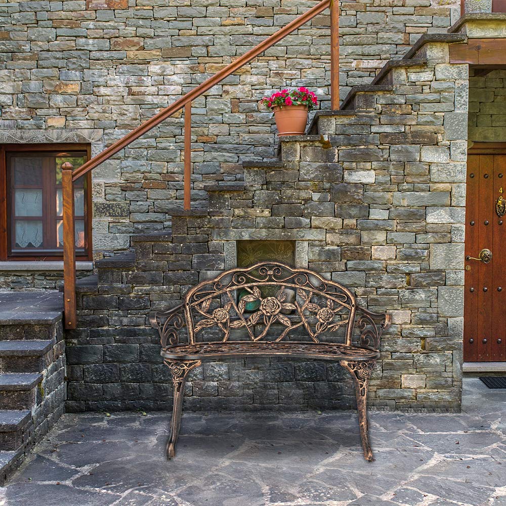 VINGLI 38.5" Patio Park Garden Outdoor Metal Rose Bench,Cast Iron Cast Aluminium Frame Antique Finish Chair,Accented Lawn Front Porch Path Yard Decor Deck Furniture for 2 Person Seat(Bronze VINGLI