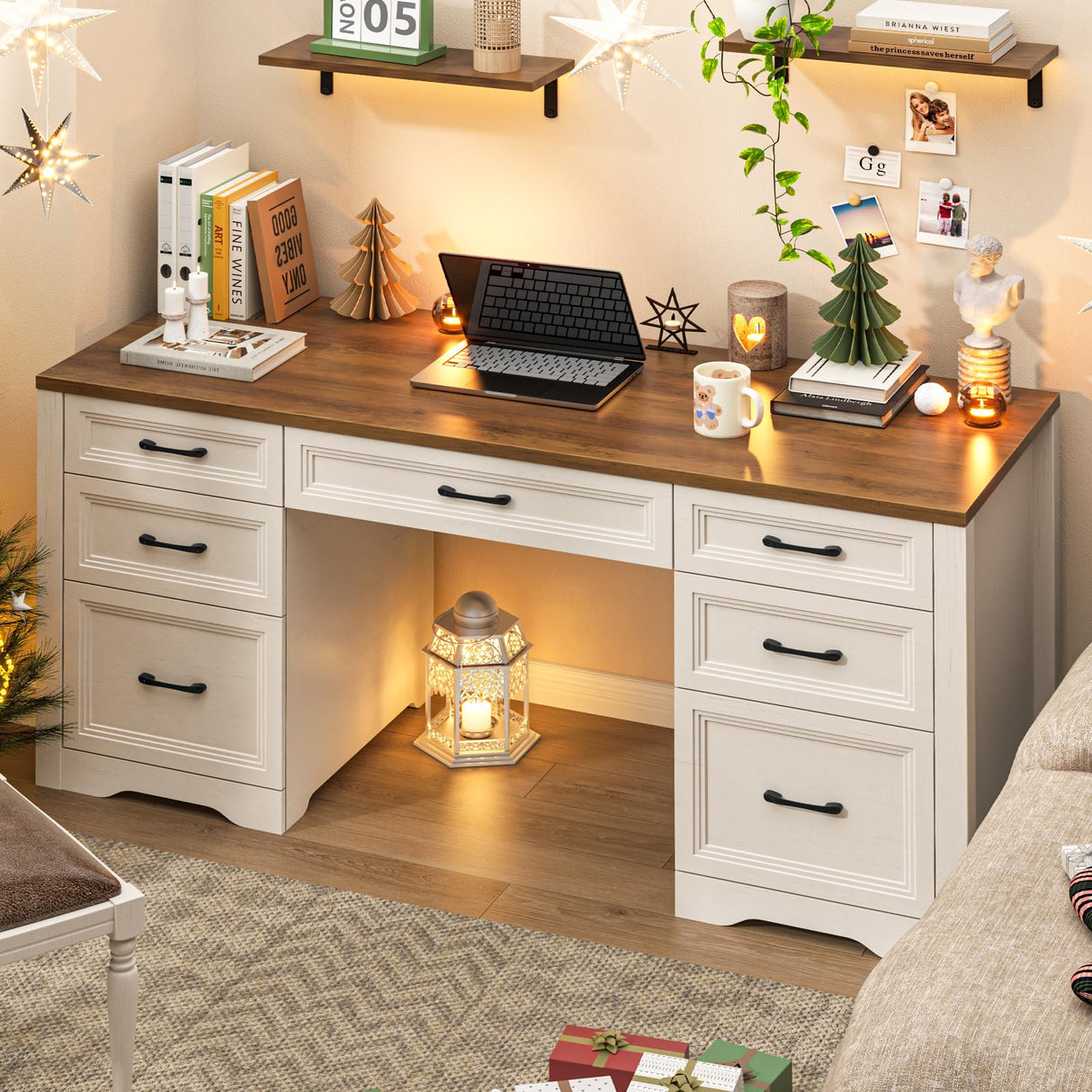 Halitaa Farmhouse Executive Desk, Wood Home Office Desk with 2 Large File Drawers and 5 Storage Cabinets, Rustic Writing Desk for Work and Study, Brown Halitaa