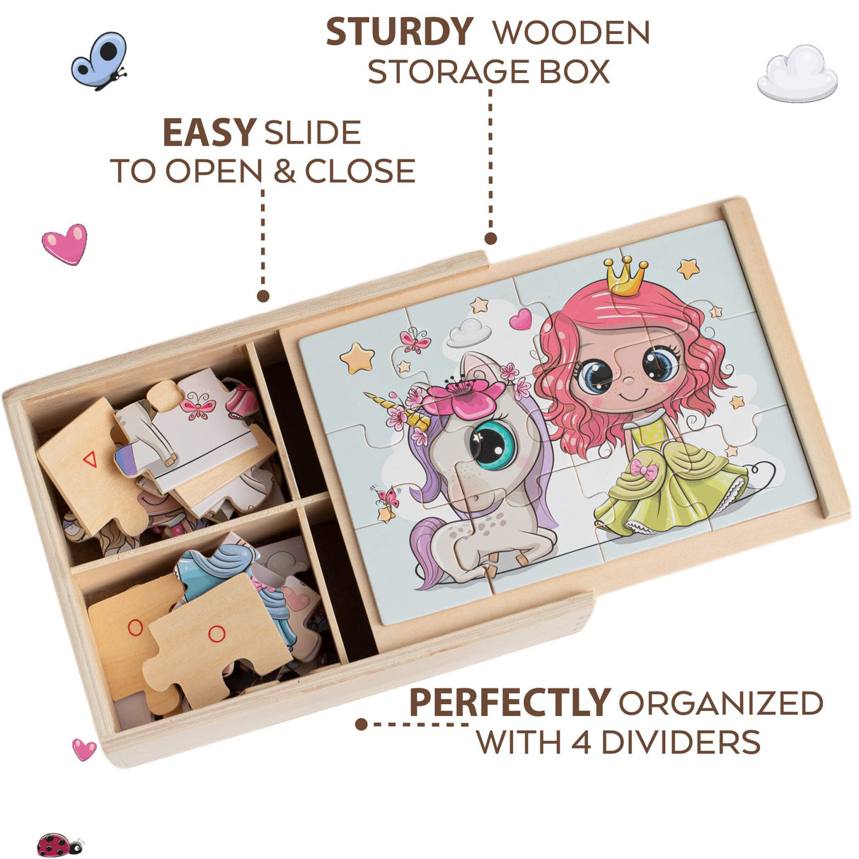 TOYLI 4-in-1 Princess Jigsaw Puzzles for Kids, Wood Puzzles for Kids Ages 3-5 48 Piece Wooden Puzzles for Toddlers 3-5, Wooden Puzzles for Toddlers, Essential Skills Gift for Girls Princesses TOYLI