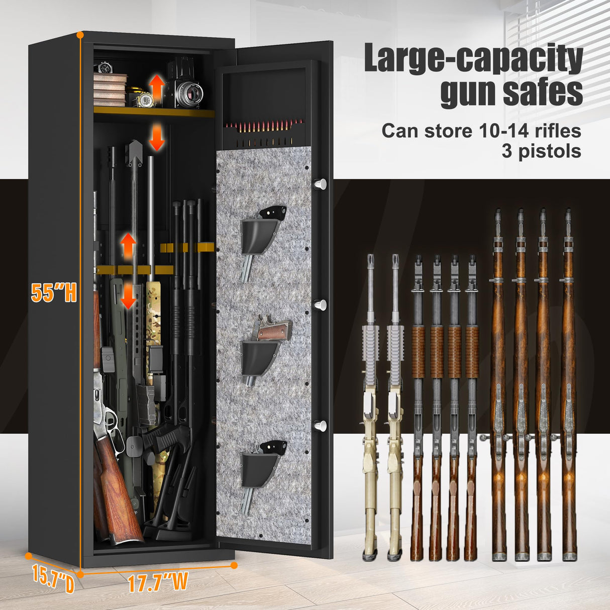 10-14 Biometric Gun Safe Rifle, Large Gun Safes for Home Rifles Pistols and Shotguns, Long Gun Storage Safe, Quick Access Fingerprint Gun Cabinet with Adjustable Rack & Removable Shelf & LED Light Metallitrend