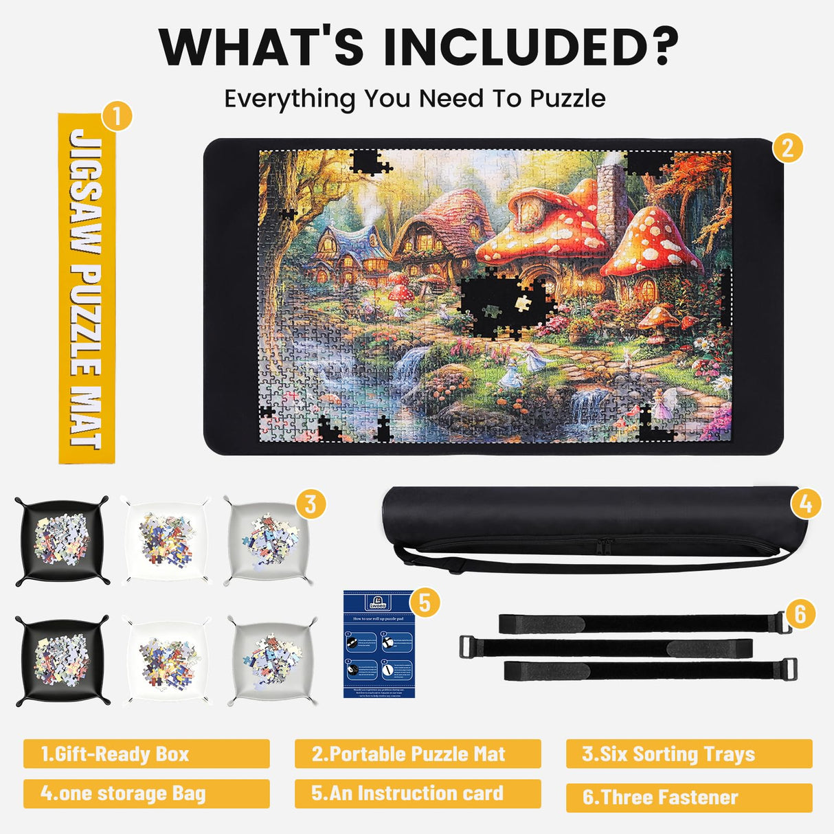 Lwoeo Jigsaw Puzzle Mat Roll Up 1000 Pieces, Smooth Top Saver Pad 34.6" x 22.8" with 6 Sorting Trays & Travel Storage Bag for Sorting Table, Board, Portable Puzzles Matt Rollup Non-Slip Rubber Bottom Lwoeo