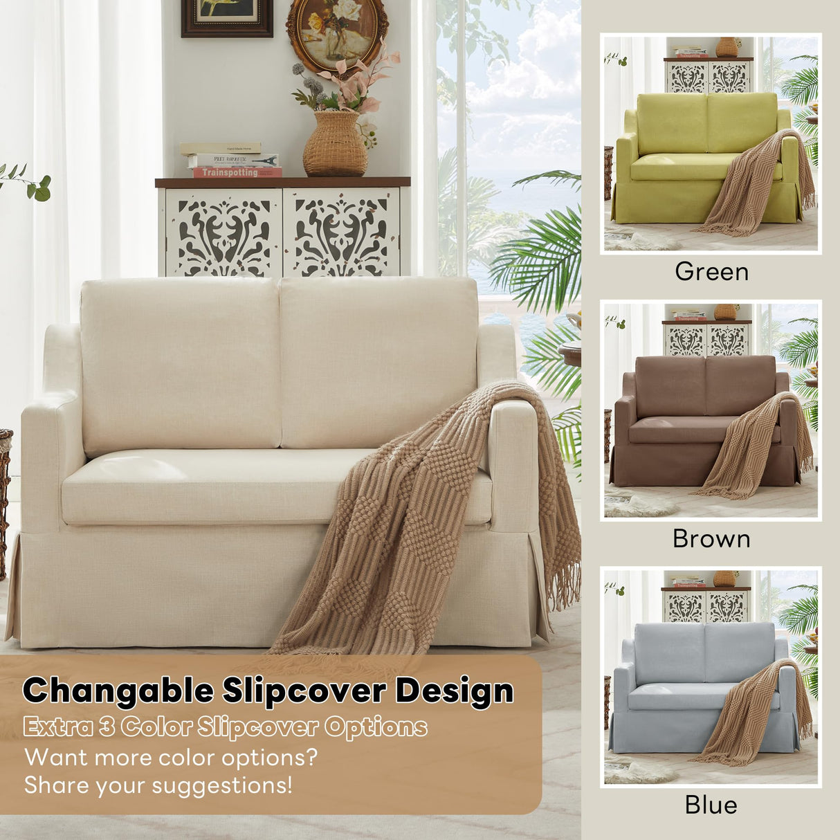 Tbfit 51" Loveseat Couch, Slipcovered Sofa, Small Sofas with Removable Cover, Pocket Spring Cushion, Mini Couches, Living Room Furniture for Home, Apartment, Farmhouse, Beige Tbfit