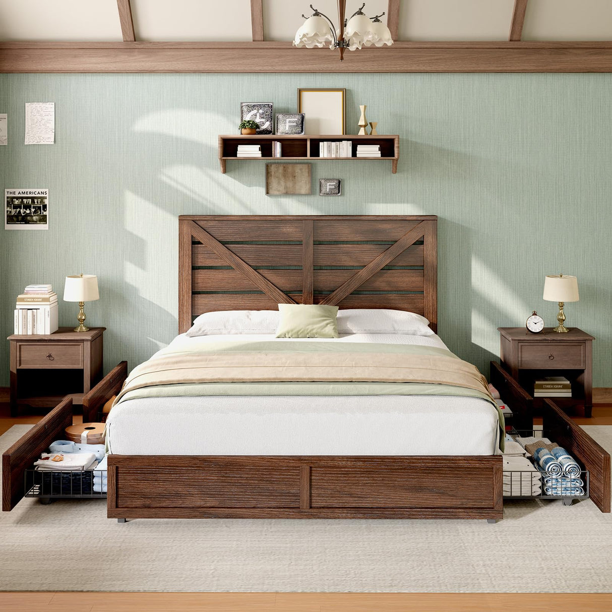 AMERLIFE Full Size Farmhouse Bed Frame with 4 Drawers, Wooden Storage Bed Frame with Headboard and Heavy Duty Metal Slats, Noisy Free, Easy Assemble, Rusric Brown AMERLIFE