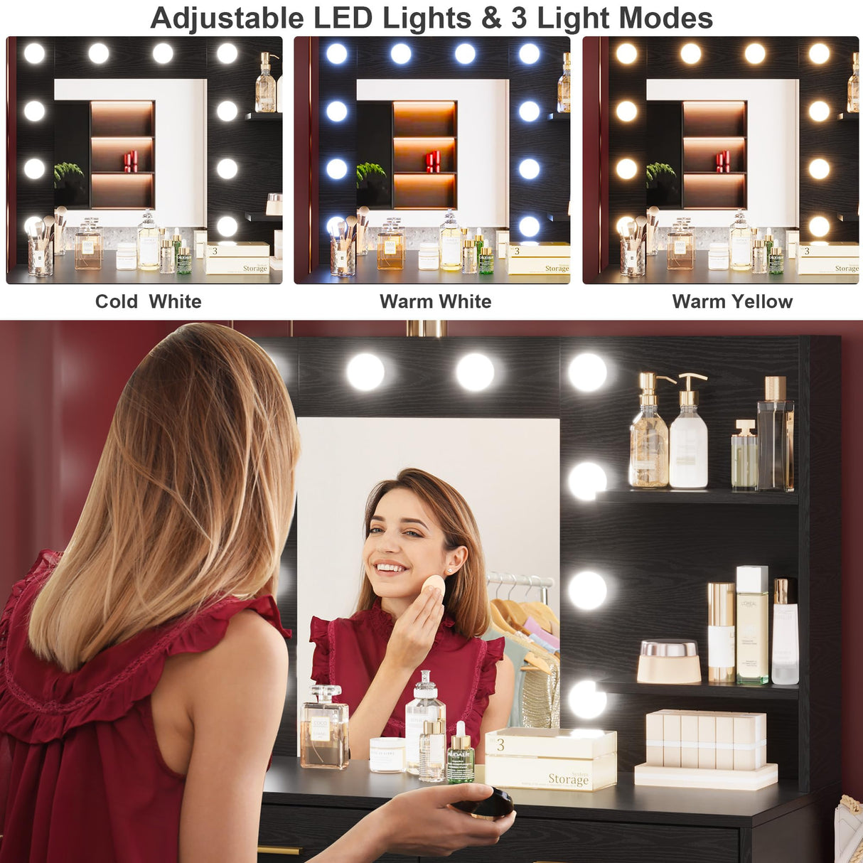 61" Make up Vanity Desk with Mirror and Lights, Black Vanity with 8 Wide Storage Drawers & 2 Tier Shelves, 3 Lighting Modes with Adjustable Brightness, Vanity Desk for Bedroom GarveeHome