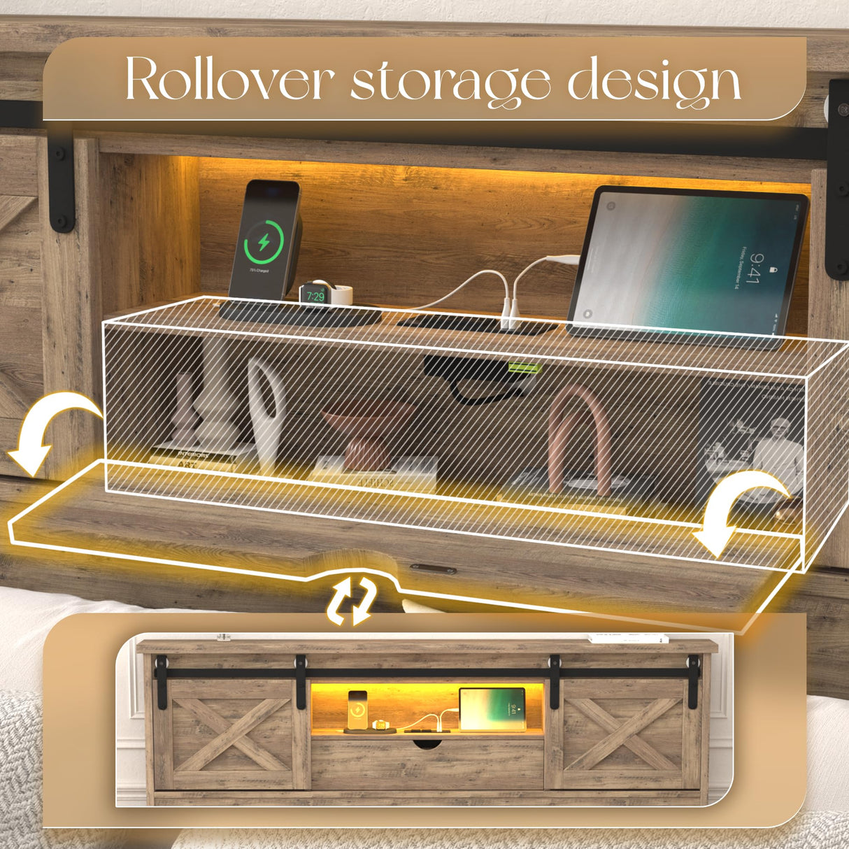 HMYFGD Farmhouse Queen Size Bed Frame with Storage Bookcase Headboard, Wooden Bed with LED Lights, Charging Station, 2 Drawers, Rustic Bed Frame with Sliding Barn Door for Bedroom (Grey Oak, Queen) HMYFGD