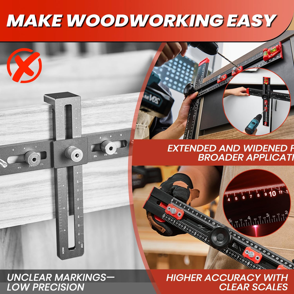 Saker 4-in-1 Drilling Positioning Ruler, Adjustable 13.78in Multifunctional T Square Ruler, Cabinet Hardware Jig, Marking Gauge Tools for Woodworking, Cabinet Drawer Door Hole Drilling Template Saker