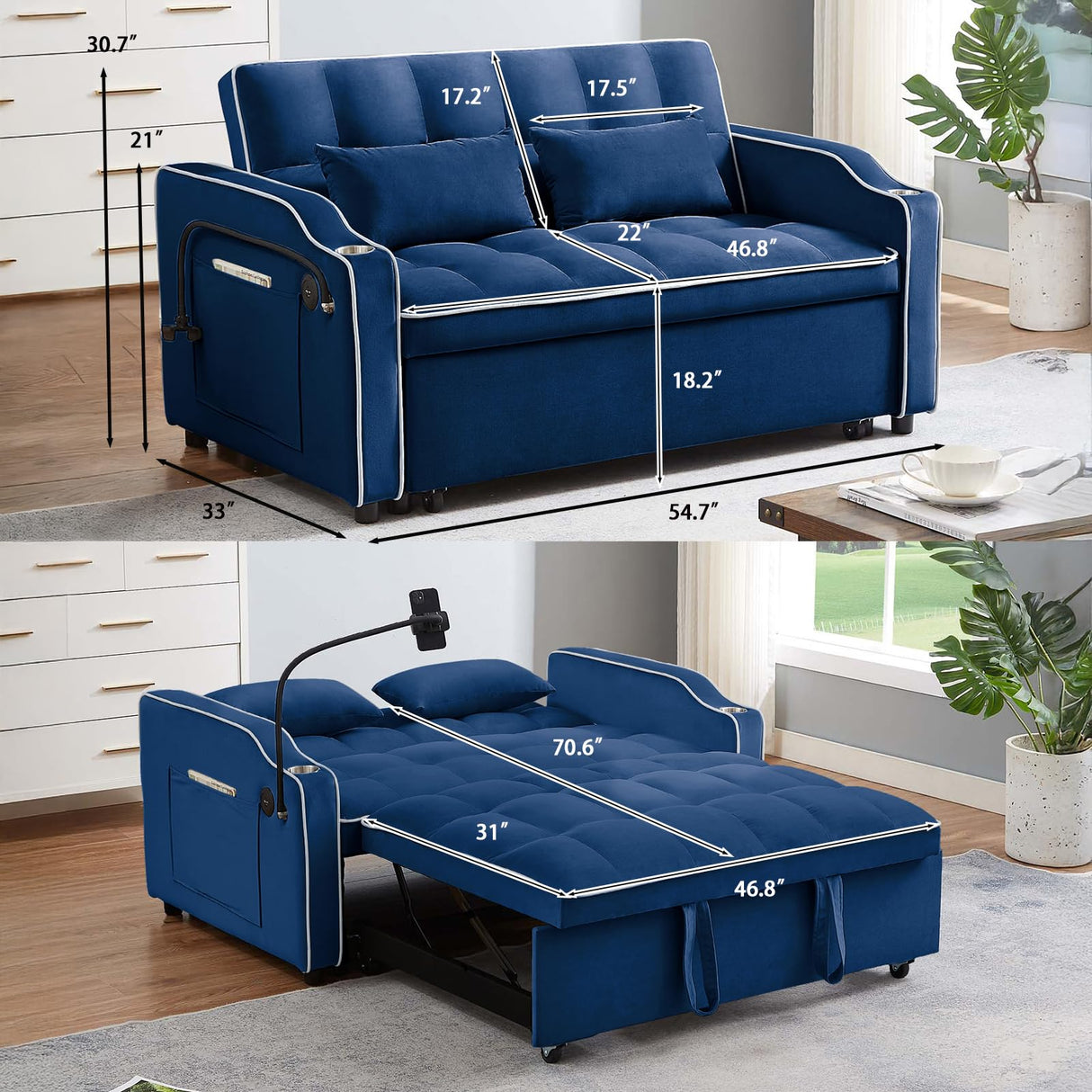 JEEOEHY 3 in 1 Convertible Sleeper Sofa Bed,Velvet Pull Out Couch Bed w USB&Type C Port,Comfy Futon Loveseat w Adjustable Backrest&Phone Stand&Cup Holder for Living Room Apartment Small Space(Blue) JEEOHEY
