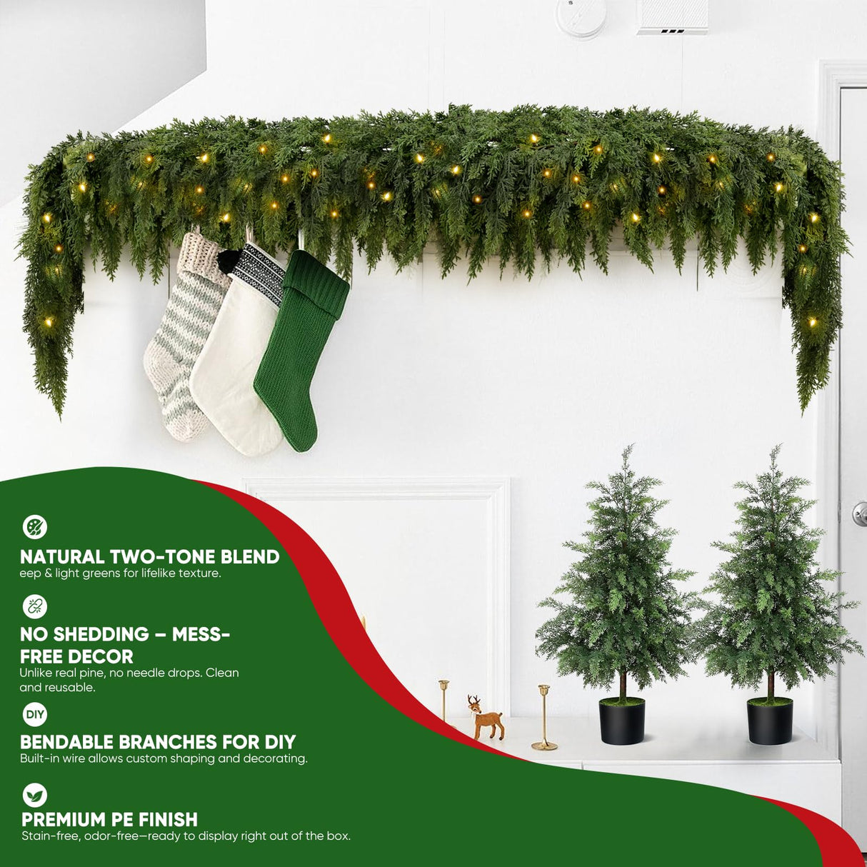 2PCS 9FT Pre-lit Christmas Cedar Garland with 100 Lights, Full 240 Pine Branches, Realistic Faux Garland Artificial Greenery for Fireplace Table Mantle Wall Indoor Outdoor Winter Holiday Decorations FAJUNZH