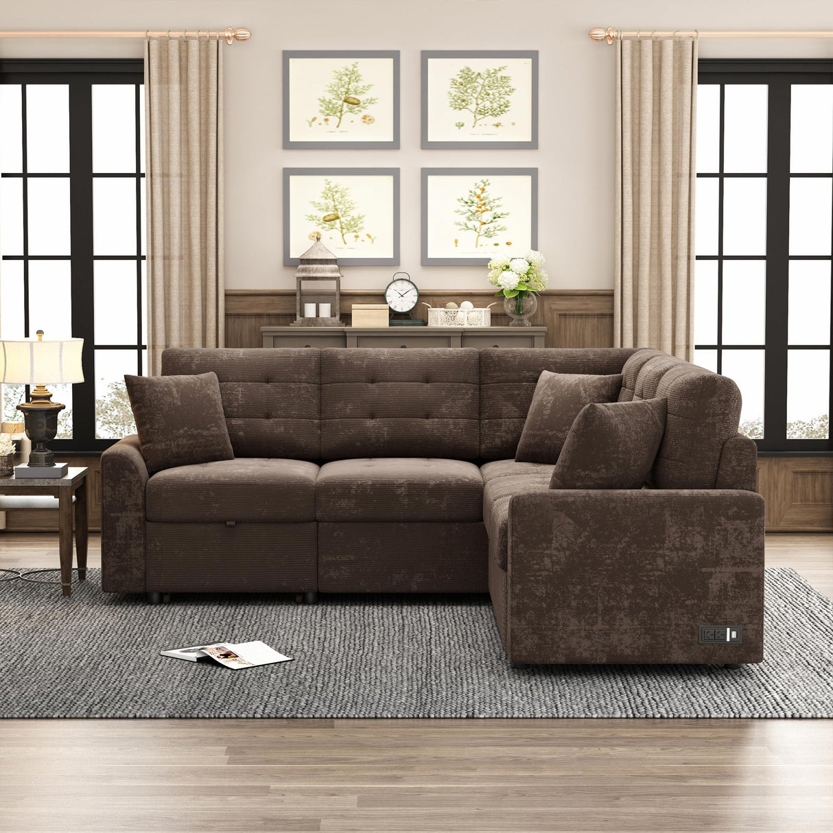 Merax Sofa Bed Sleeper Couch L Shaped Sofa with Pillows and USB Ports, L-Shape Sectional Couch with Comfortable Backrest and Power Sockets for Living Room and Small Apartment (Brown) Merax