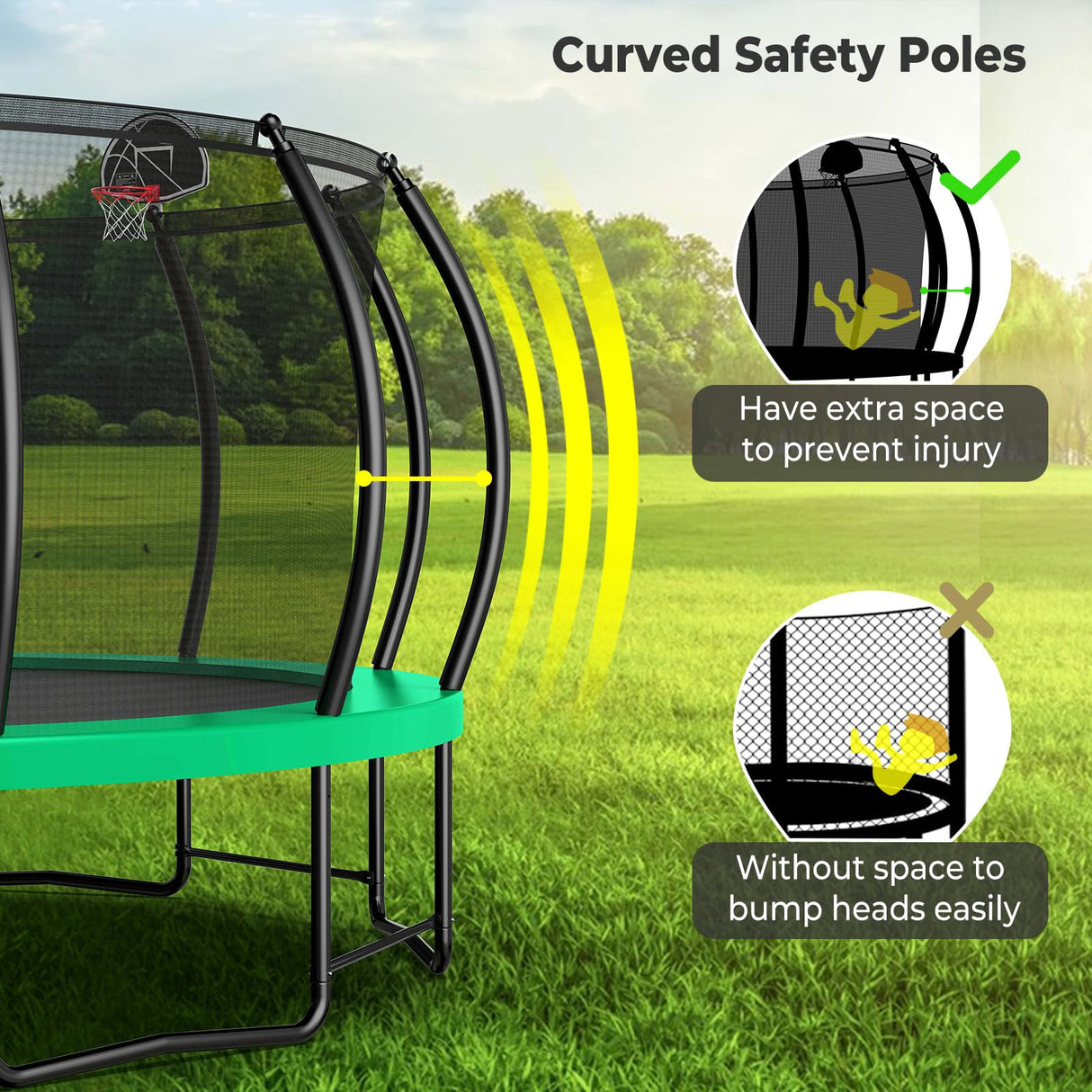 Lyromix 16FT Outdoor Trampolines for Kids and Adults, Pumpkin Trampolin with Curved Poles, Recreational Trampolin with Basketball Hoop and Safety Enclosure Net for Kids and Adults Lyromix