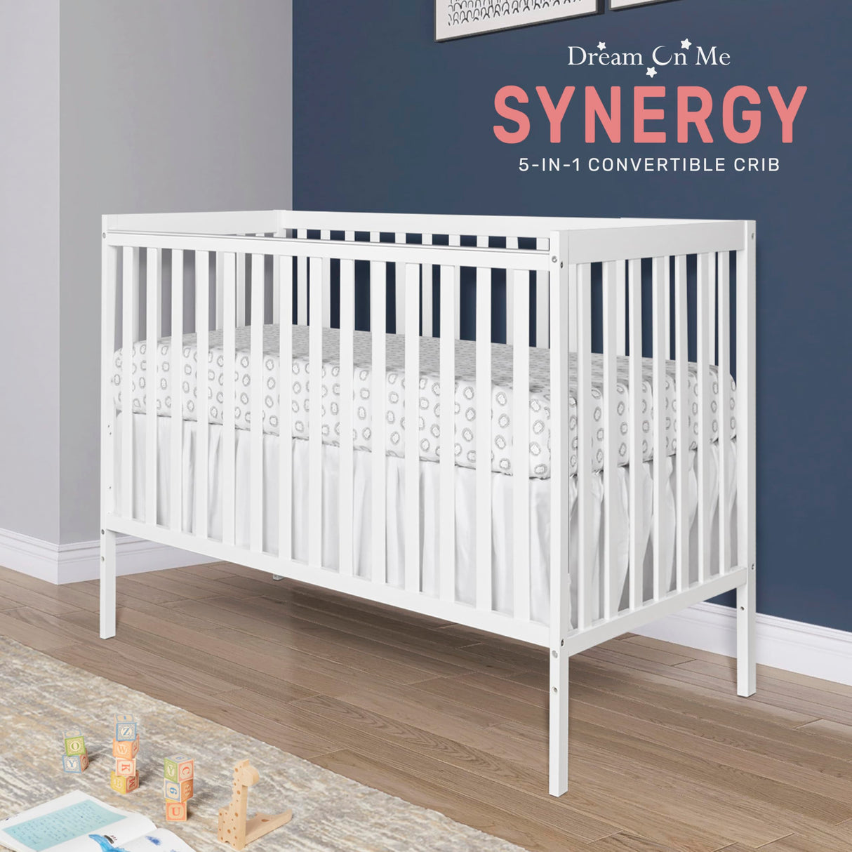 Dream On Me Synergy 5-In-1 Convertible Crib In White, Greenguard Gold Certified Dream On Me