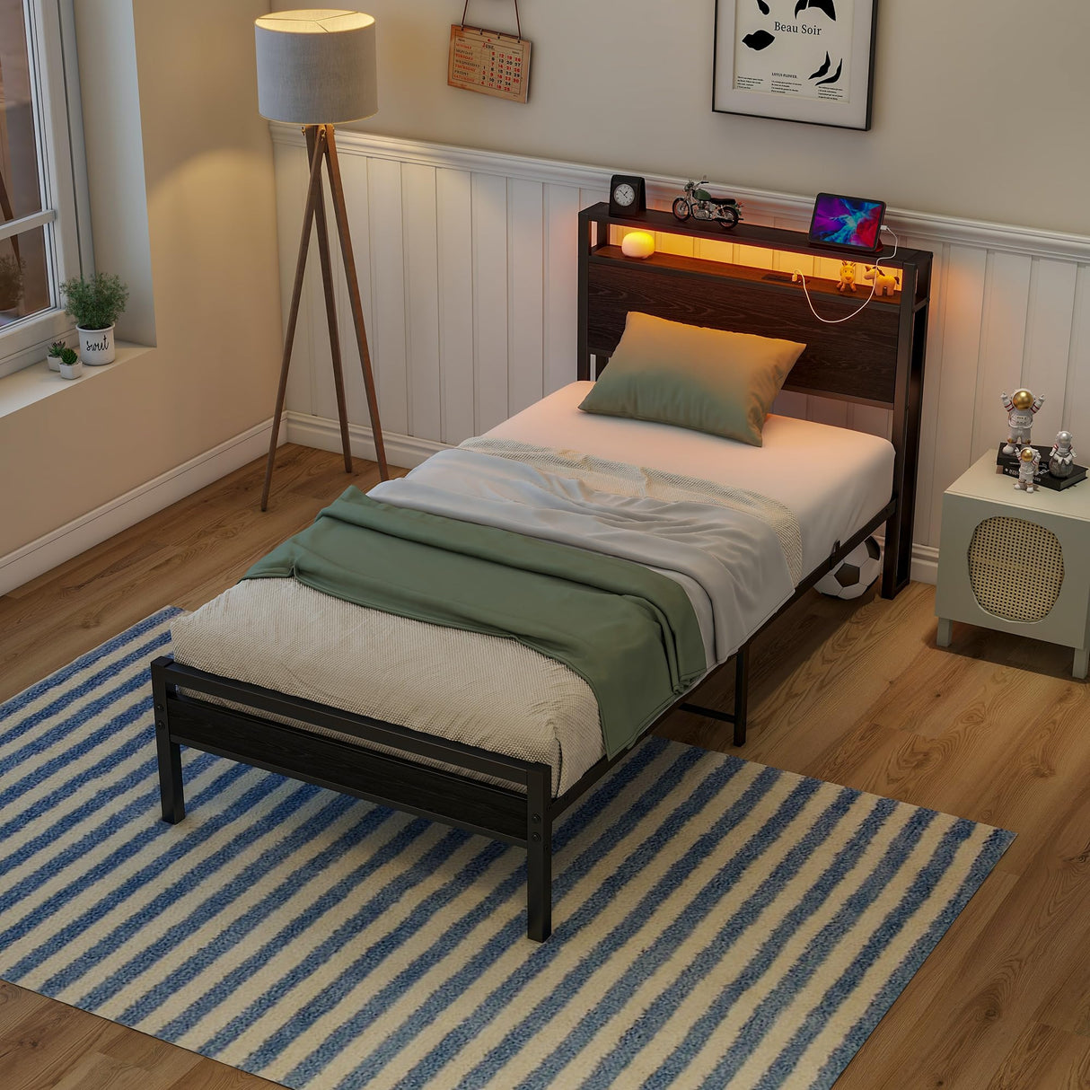 HOJINLINERO Twin Bed Frame with Storage Headboard/LED Lights,Metal Bed Frame Twin Size with Charging Station,Twin Platform Bed Frame No Box Spring Needed,Beds Base,Heavy Duty Metal Slats Support,Black HOJINLINERO