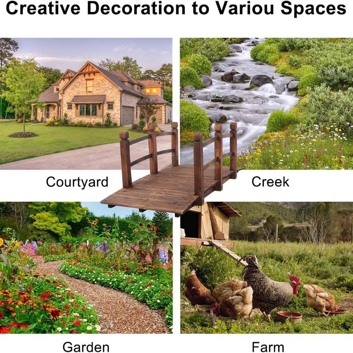 Garden Bridges 5 Ft Wooden Garden Bridge Sturdy, Classic Decorative Arc Footbridge, Outdoor Walkway with Safety Railings for Pond, Backyard and Borders WoodArtSupply