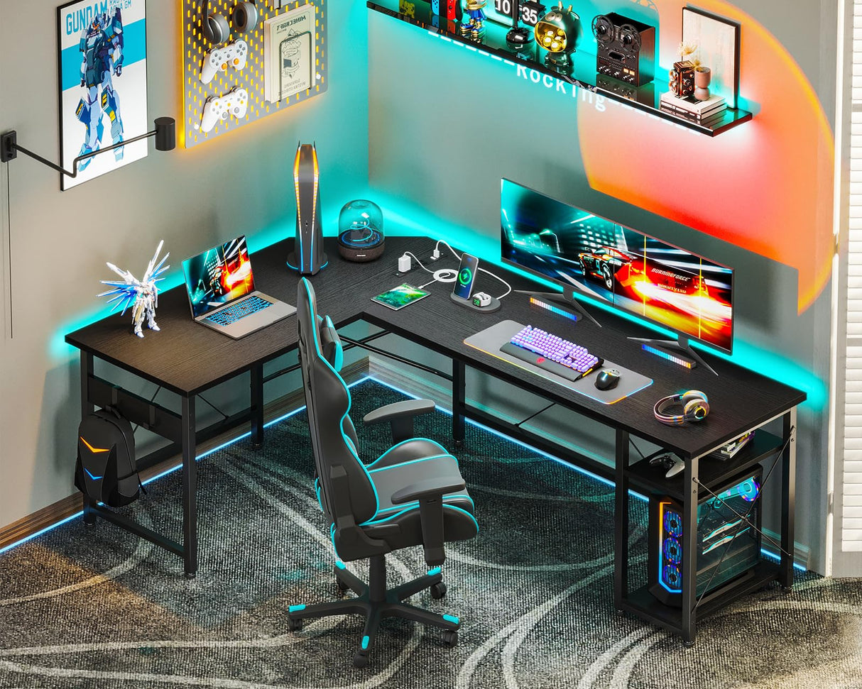 Coleshome L Shaped Computer Desk 66" with Power Outlet & Storage Shelves, Corner Sturdy Writing Desk Workstation, Modern Wooden Office Gaming Desk, Wood & Metal, Black Coleshome