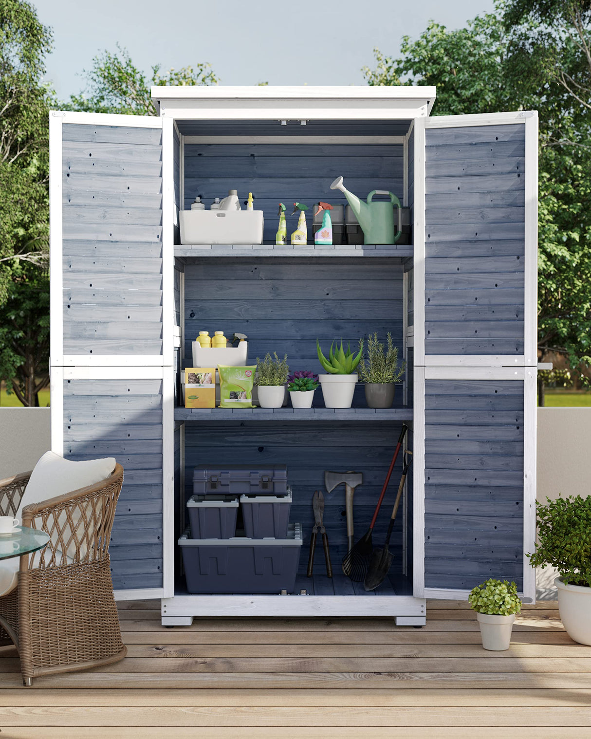 Gizoon Outdoor Storage Cabinet with 3 Shelves, Double Lockable Wooden Garden Shed with Waterproof Roof, Outside Vertical Tall Tool Shed for Yard Patio Lawn Deck-Grey Gizoon