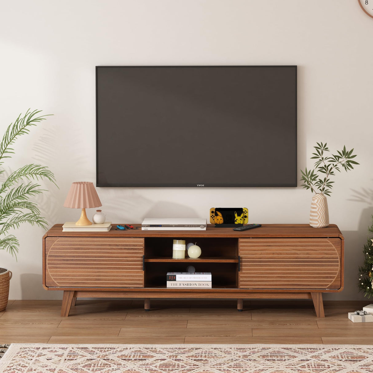 Janmer Home Mid Century Modern TV Stand for 55/60/65 Inch TV, 62" TV Console Table with Fluted Sliding Doors, Entertainment Center and Media Console with Storage for Living Room (Walnut, 62.2inch) Janmer Home