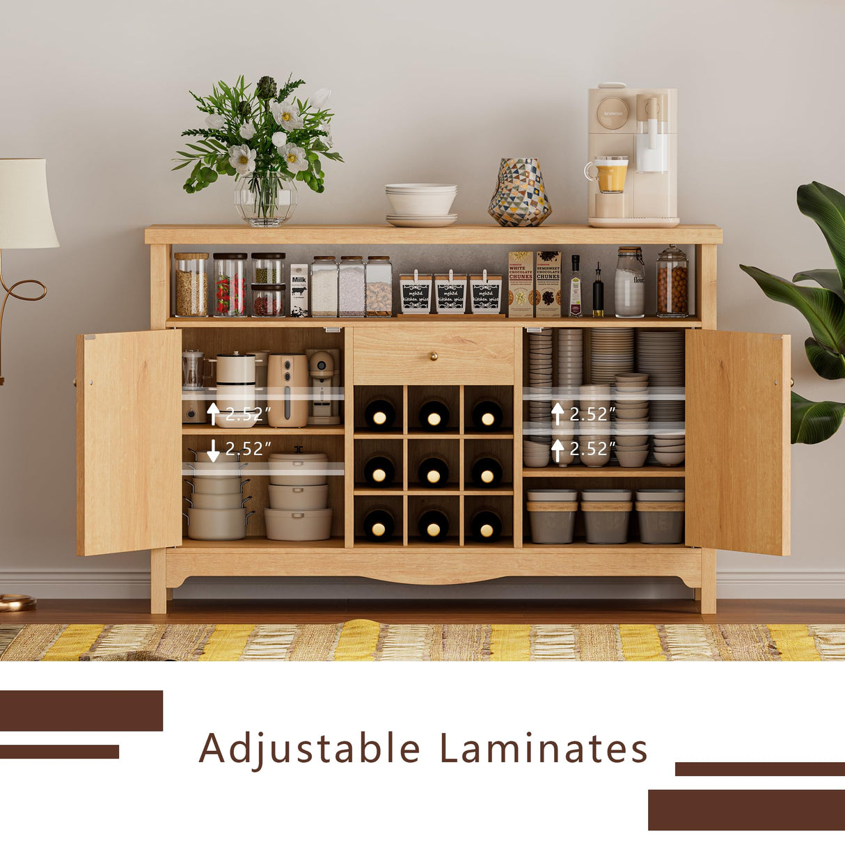 VDNEND 45.7” Wine Cabinet,Farmhouse Home Coffee Bar Sideboard Buffet Cabinet Liquor Storage with 9 Wine Racks & 2 Doors for Kitchen, Living and Dining Room (1, Natural) VDNEND