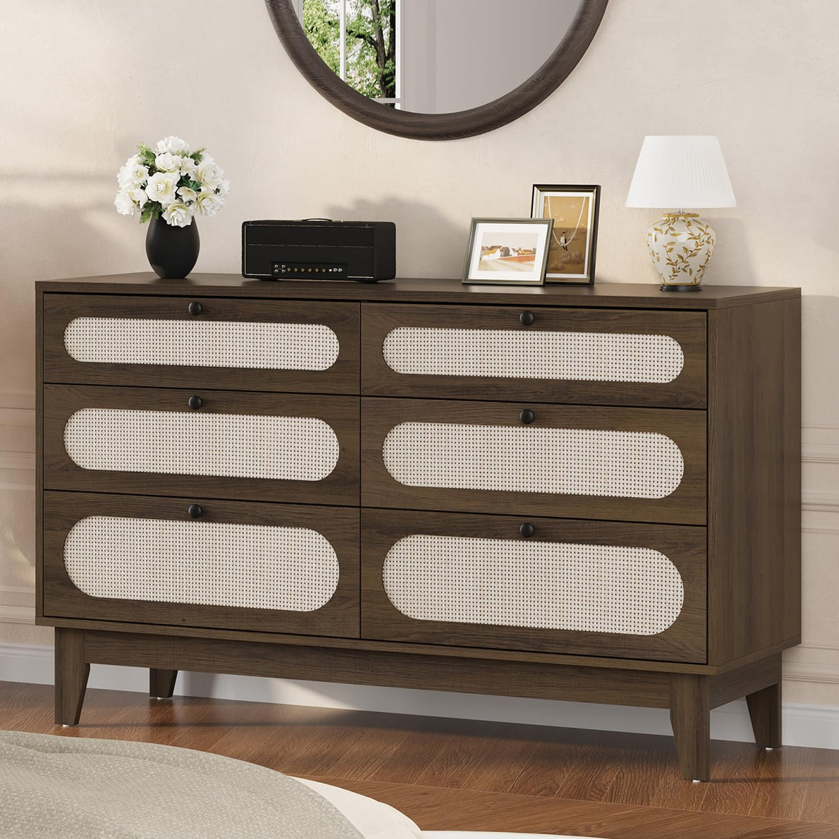 GAOMON Rattan 6 Drawer Dresser for Bedroom, Natural Rattan Boho Large Double Dresser, Wood Storage Closet Dressers Chest of Drawers, for Closet, Living Room and Entryway, Brown GAOMON