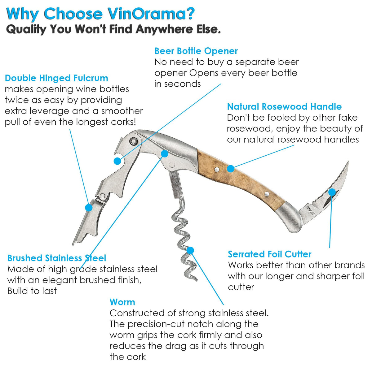 VinOrama Waiters Corkscrew Wine Opener Rosewood Handle 3-in-1 Beer Bottle Opener and Foil Cutter, The Best Choice of Professional Waiters and Bartenders Around the Globe VinOrama