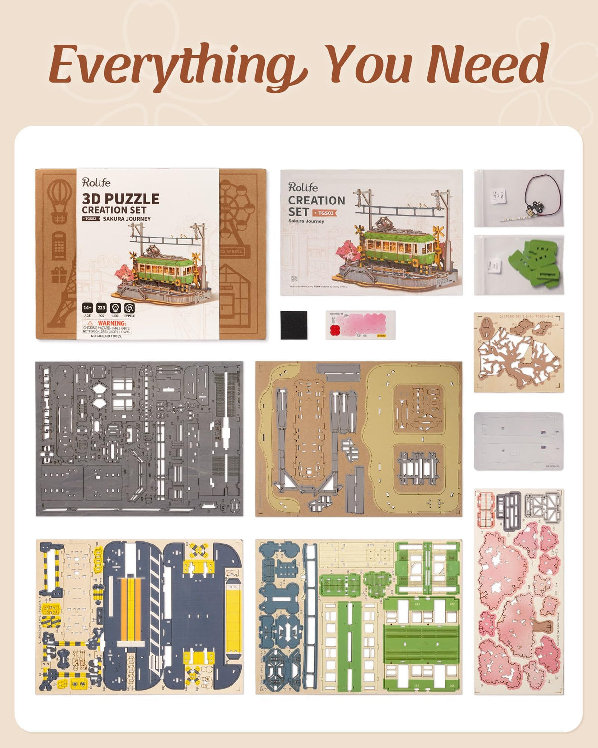 Rolife 3D Wooden Puzzle for Adults, Sakura Journey Tram DIY Model Building Kits with LED Lights, Creative Kids Craft Hobby Gift and Brain Teaser Home Decor Assembly Toy Rolife