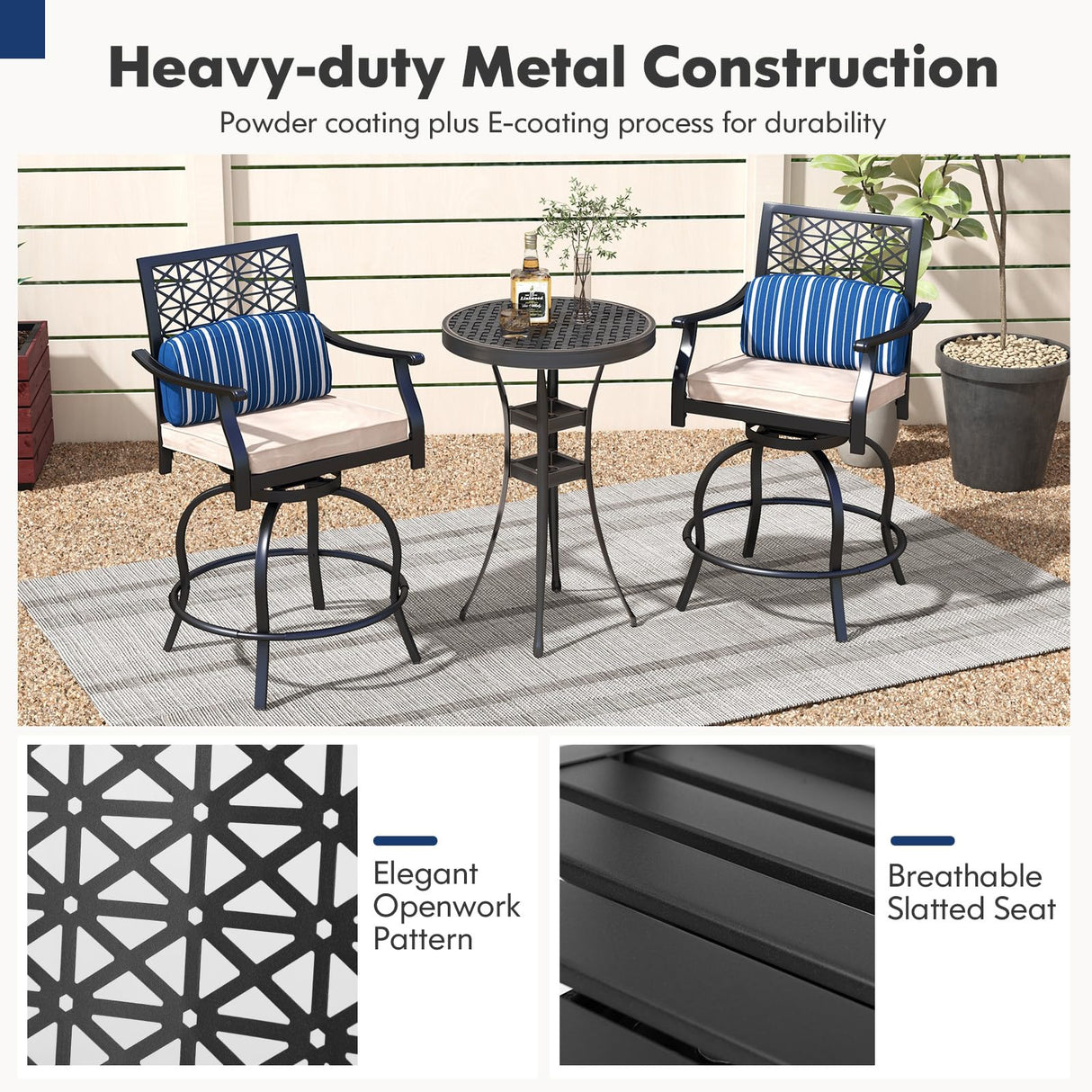 COSTWAY Outdoor Bar Chair Set of 4, 24.5 Inch Swivel Counter Height Bar Stools with Footrest, Seat Cushions & Lumbar Pillows, Metal Dining Bar Chairs for Patio, Backyard, Poolside (4) COSTWAY