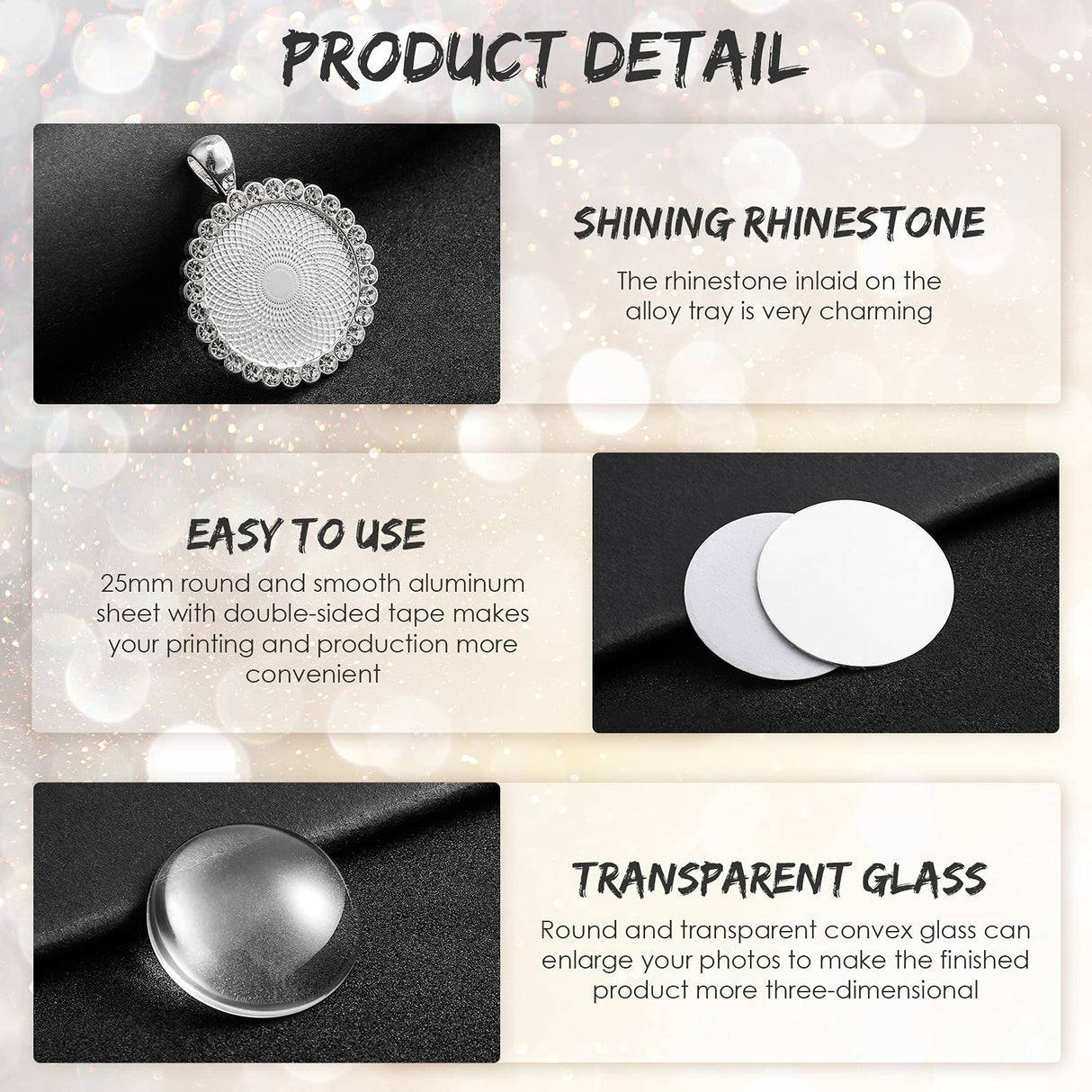 Hicarer 32 Pcs Sublimation Necklace Blank Round Rhinestone Bezel Pendant Trays Set with Glass Domes Sublimation Blank Discs Double Sided Adhesive Tape for DIY Wedding Birthday Graduation Jewelry Gifts Hicarer