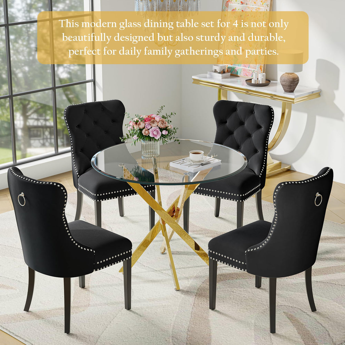 Modehodei 5-Piece Glass Dining Table Set for 4, Include 36" Round Tempered Glass Kitchen Table and 4 Black High Back Chairs for Dining Room, Living Room (Gold Legs) Modehodei