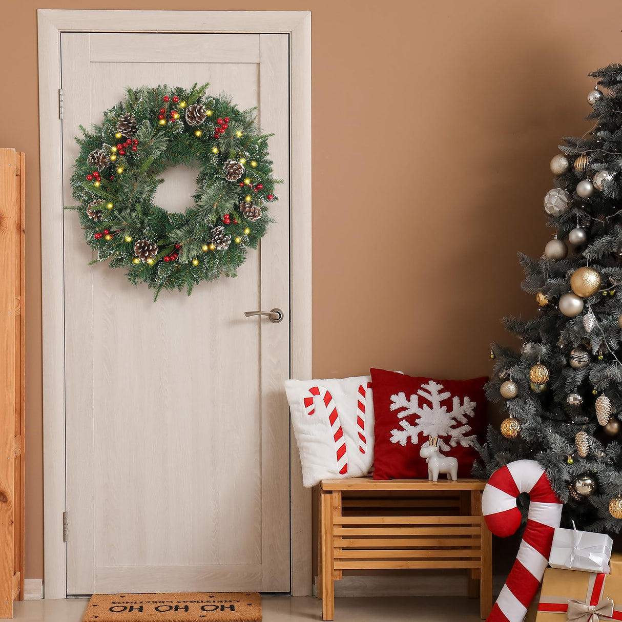 Christmas Wreath Snowy Pre-lit 24 inch with 50 Light & Pine Cone, Artificial Christmas Wreaths for Front Door with Lights, Wreath for Christmas Decoration Door Windows Wall Green HomeKaren