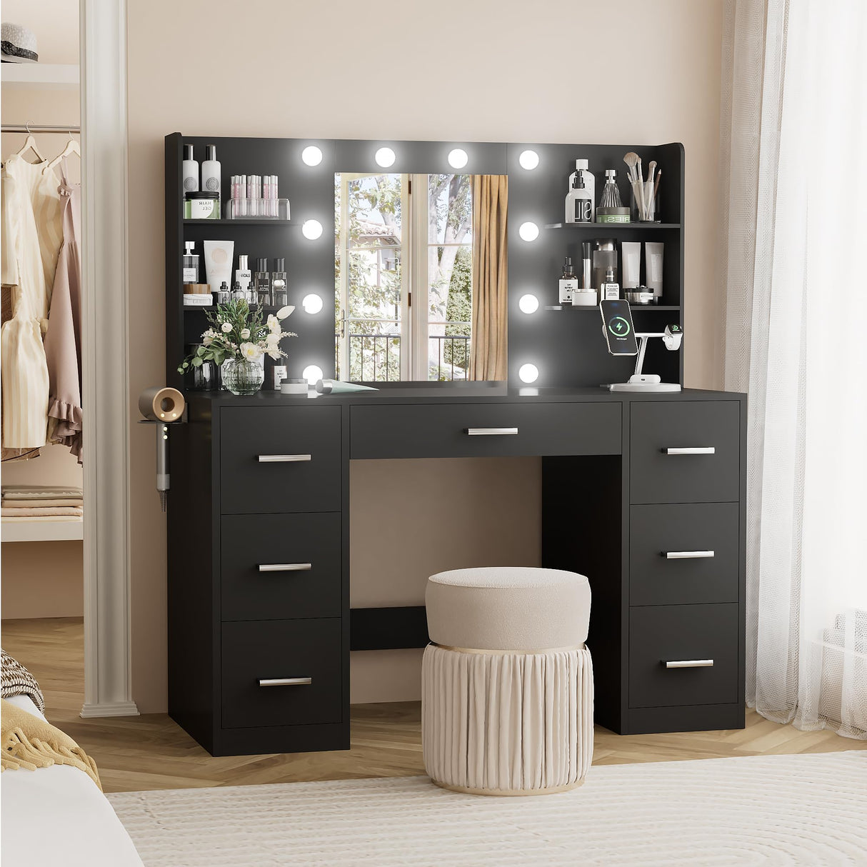 YESHOMY Vanity Desk with Mirror, Power Outlet and 10 Lights, Makeup Table with 7 Drawers, 3 Color Modes Available for Bedroom, Dark Black YESHOMY