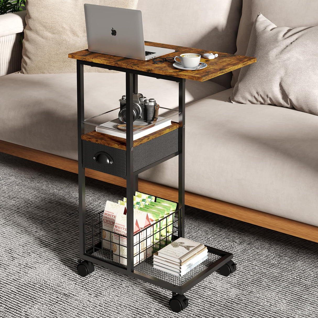 C Shaped Sofa Side Table: Couch End Table with Drawer - Bedside Table with Wheels - 19.7''L x 11.8''W x 28''H - C Mobile Tables with Storage Basket for Living Room Bedroom Sonyabecca
