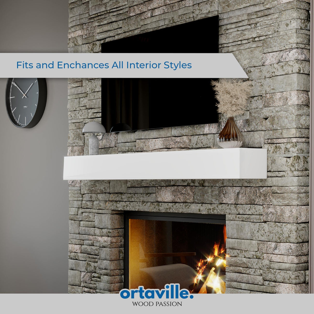 Ortaville Fireplace Mantel, Modern Design, Matte Lacqeur Finish, Wall-Mounted Floating Shelf (72", White) Ortaville
