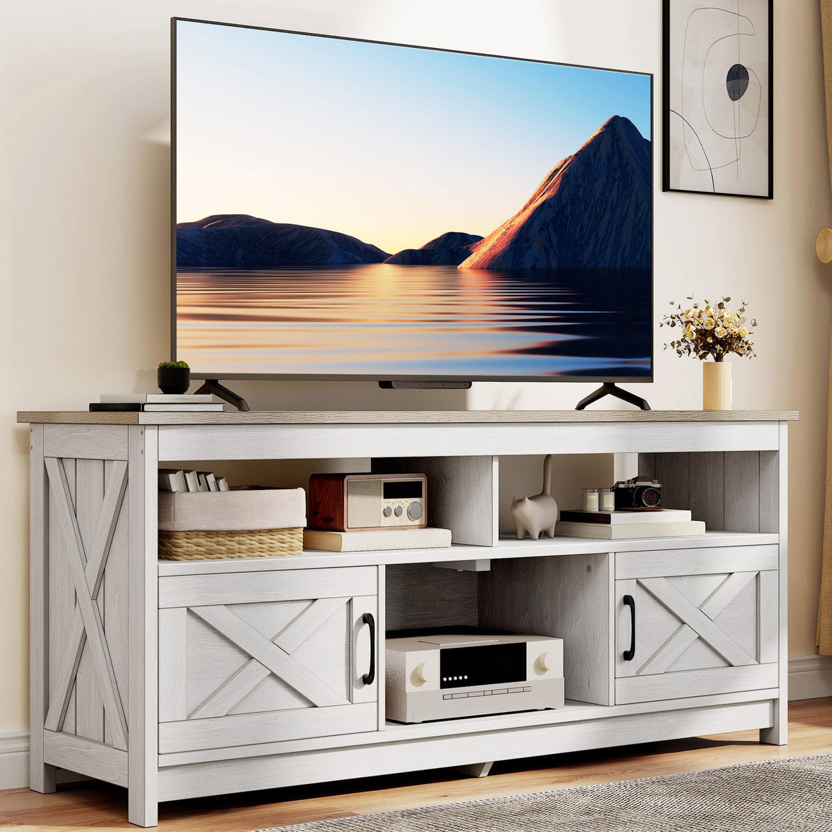 DWVO TV Stand for 65 inch TV, Farmhouse Entertainment Center with Power Outlets & Storage Cabinets, Mid Century Modern Media Console Table for Living Room, Grey Wash & Grey White DWVO
