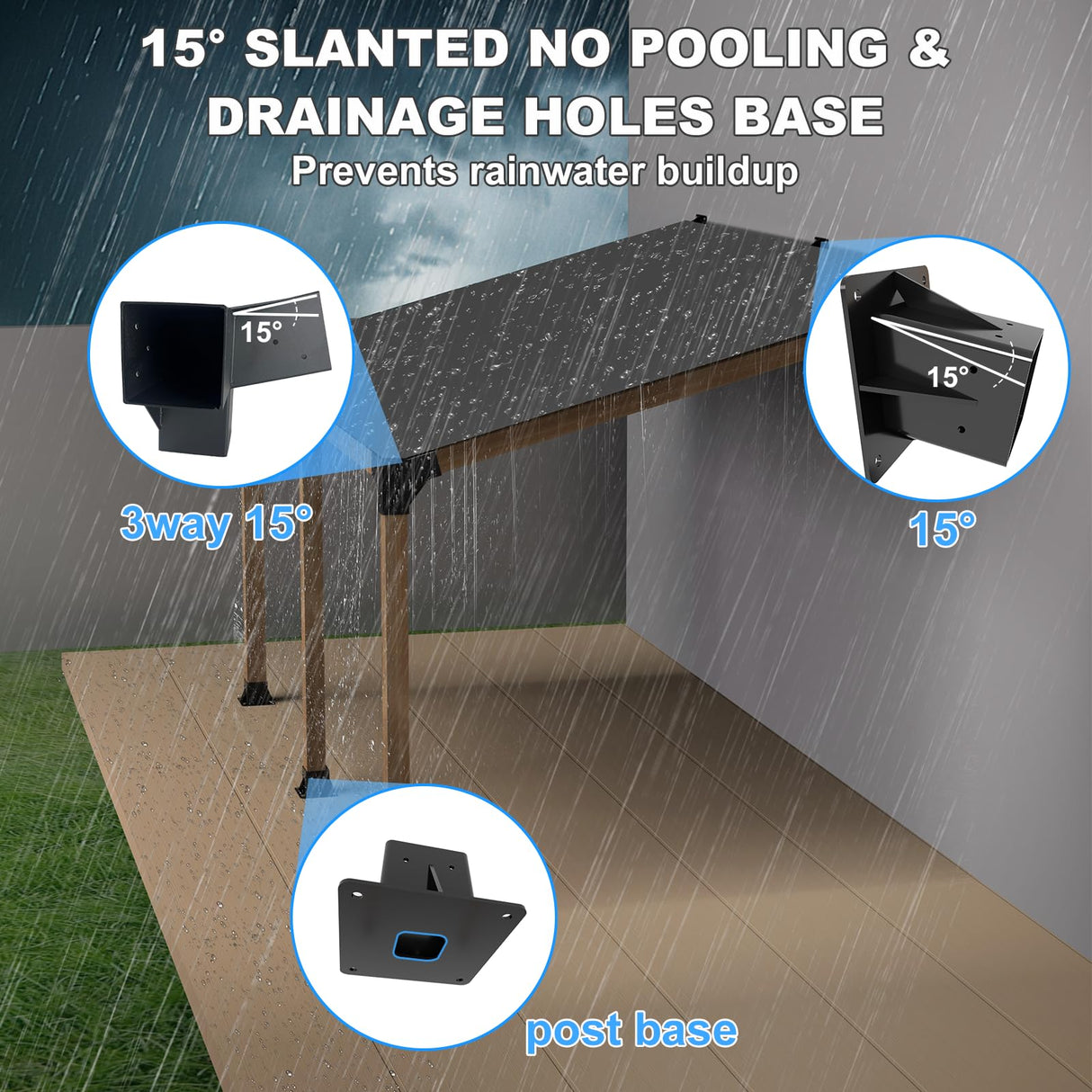 15° Angled Pergola Kit 4x4(Inner 3.64x3.64), 2PC 3-Way Slanted Pergola Roof Bracket, Post Base-Lean Corner Bracket Kit-DIY Gazebo Brackets-Hardware Kit for Outdoor Wood Beams Sunroom Carport Cabin Vlaeng