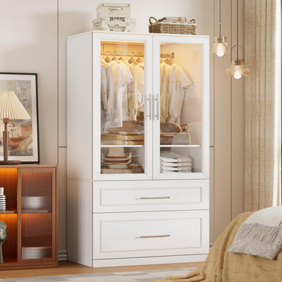 71" Tall Farmhouse 2 Doors Armoire Wardrobe Closet with 2 Drawers and LED, Wooden Armoire Storage Cabinet, Freestanding Closet Wardrobe Cabinet for Bedroom with Hanging Rod, Adjustable shelve(White)