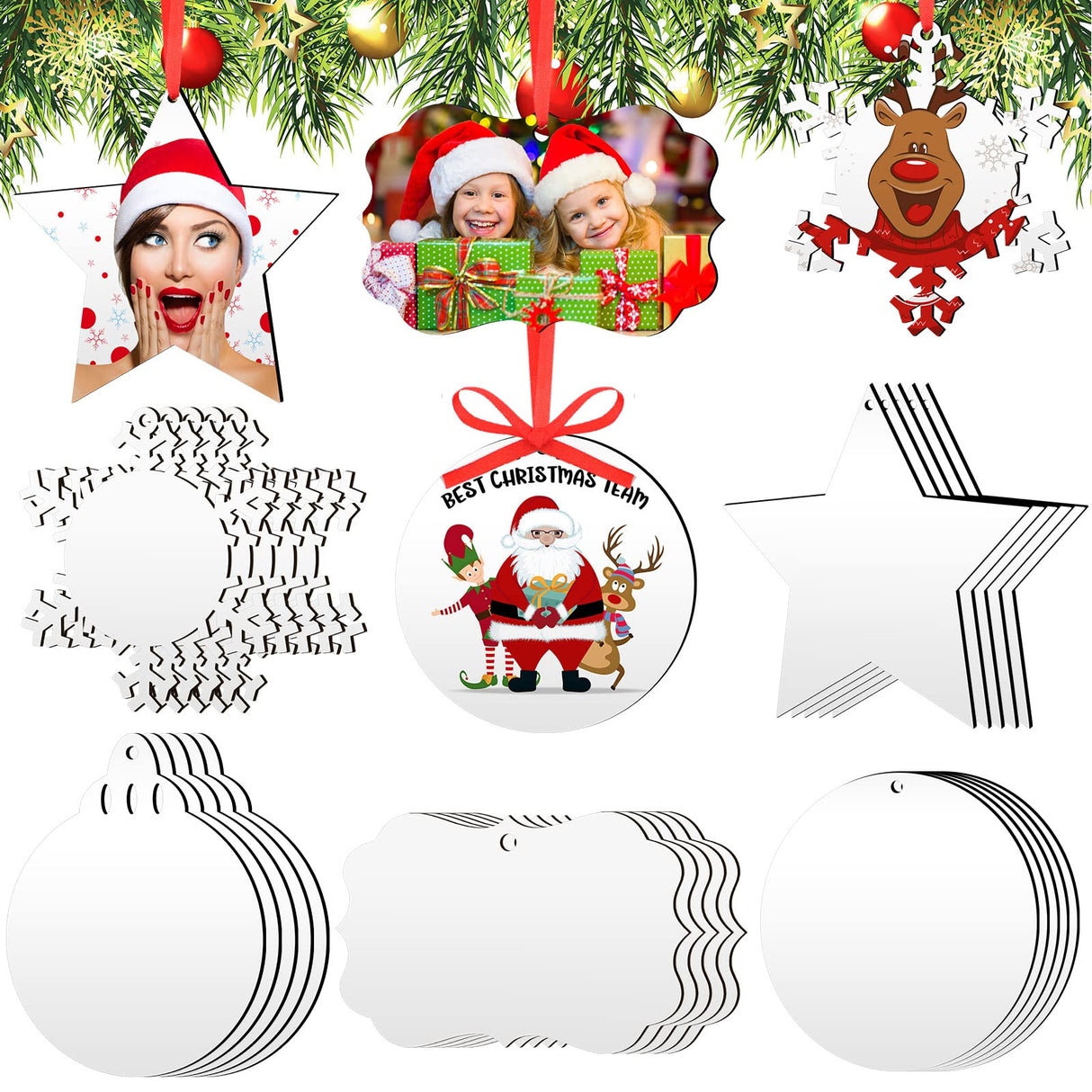 30 Pieces Sublimation Ornament Blank Sublimation Double Sided Blanks Christmas Ornament Blank Personalized Sublimation Blank Pendants DIY Sublimation Pendant Blank with Red Ribbon (Snowflake Style) Blulu