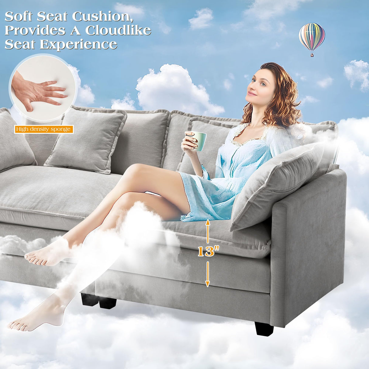 113.4" Modular Sectional Sofa,U Shaped Couch for Living Room,Modern Deep Seat Sofa 3 Seater Chenille Fabric Comfy Cloud Couches with Throw Pillows & Movable Ottoman Hanherry