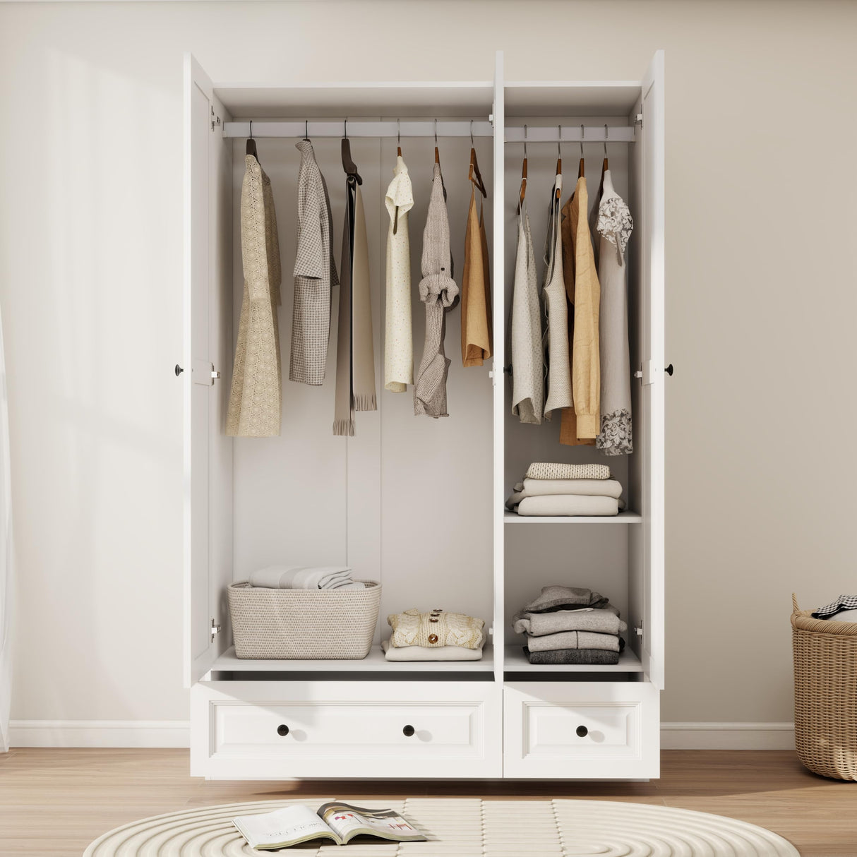 LABROSKIA White 3 Door Wardrobe Closet: Bedroom Armoire Wardrobe Closet with 3 Drawers, Wooden Wardrobe Closet for Hanging Clothes, Wood Cabinet for Clothes and Shelves(White, 47") LABROSKIA