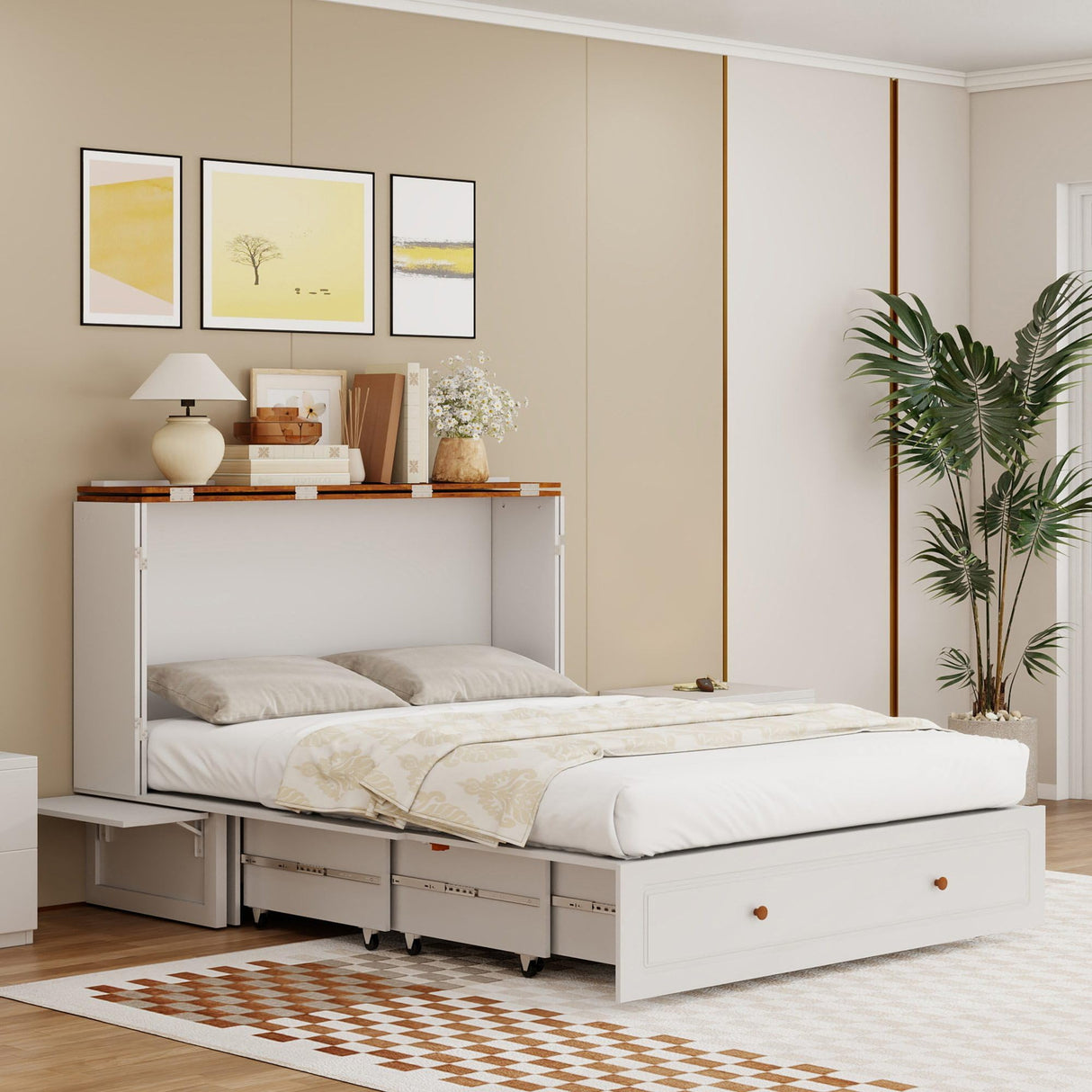Tafeumob Murphy Bed Queen Size: Murphy Bed Cabinet with Drawer Space-Saving with Shelves&Charging Station for Bedroom, Multipurpose Area, Guest Room, Apartment White (Mattress not Included) Tafeumob