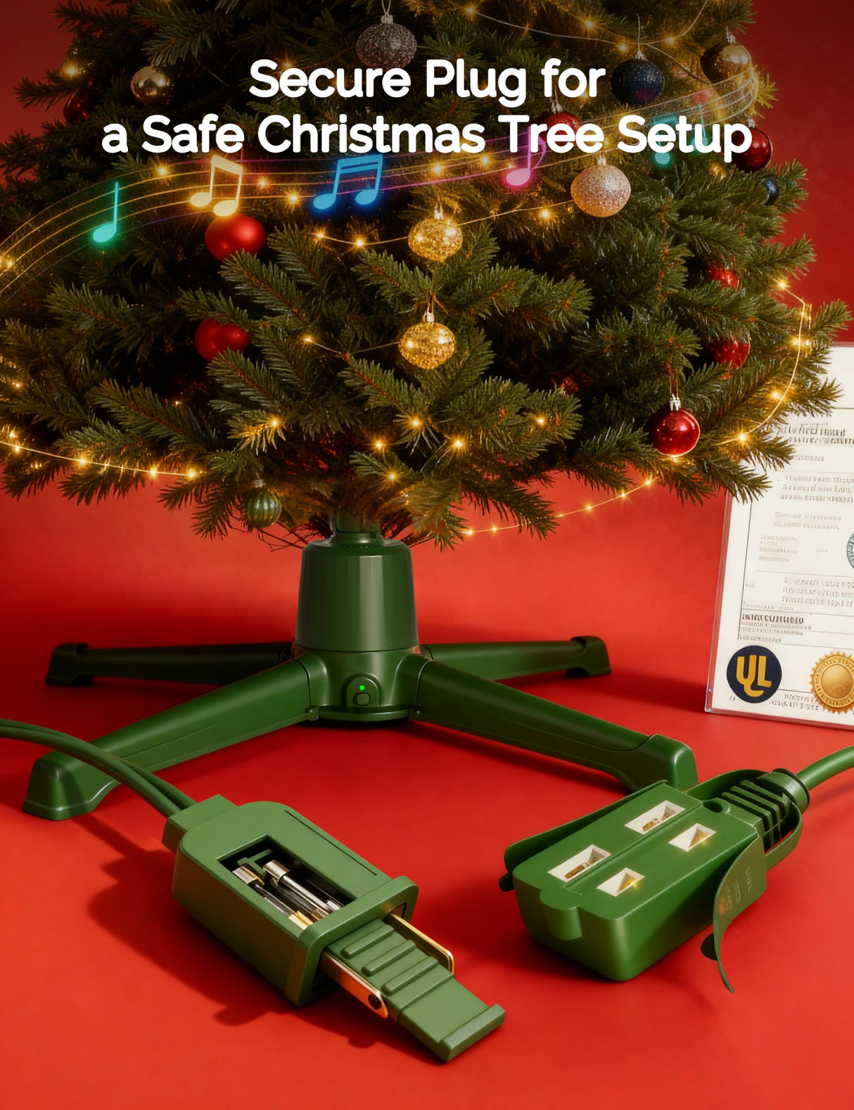 COOLWUFAN Musical Rotating Christmas Tree Stand with Remote Control, Built-in Electrical Outlets Xmas Tree for Up to 9ft Artificial Trees, Stable 360 Degree Spinning Tree Base Holder COOLWUFAN